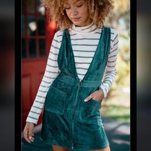 Neiman Marcus Plunging Corduroy Pinafore Dress Forest Green